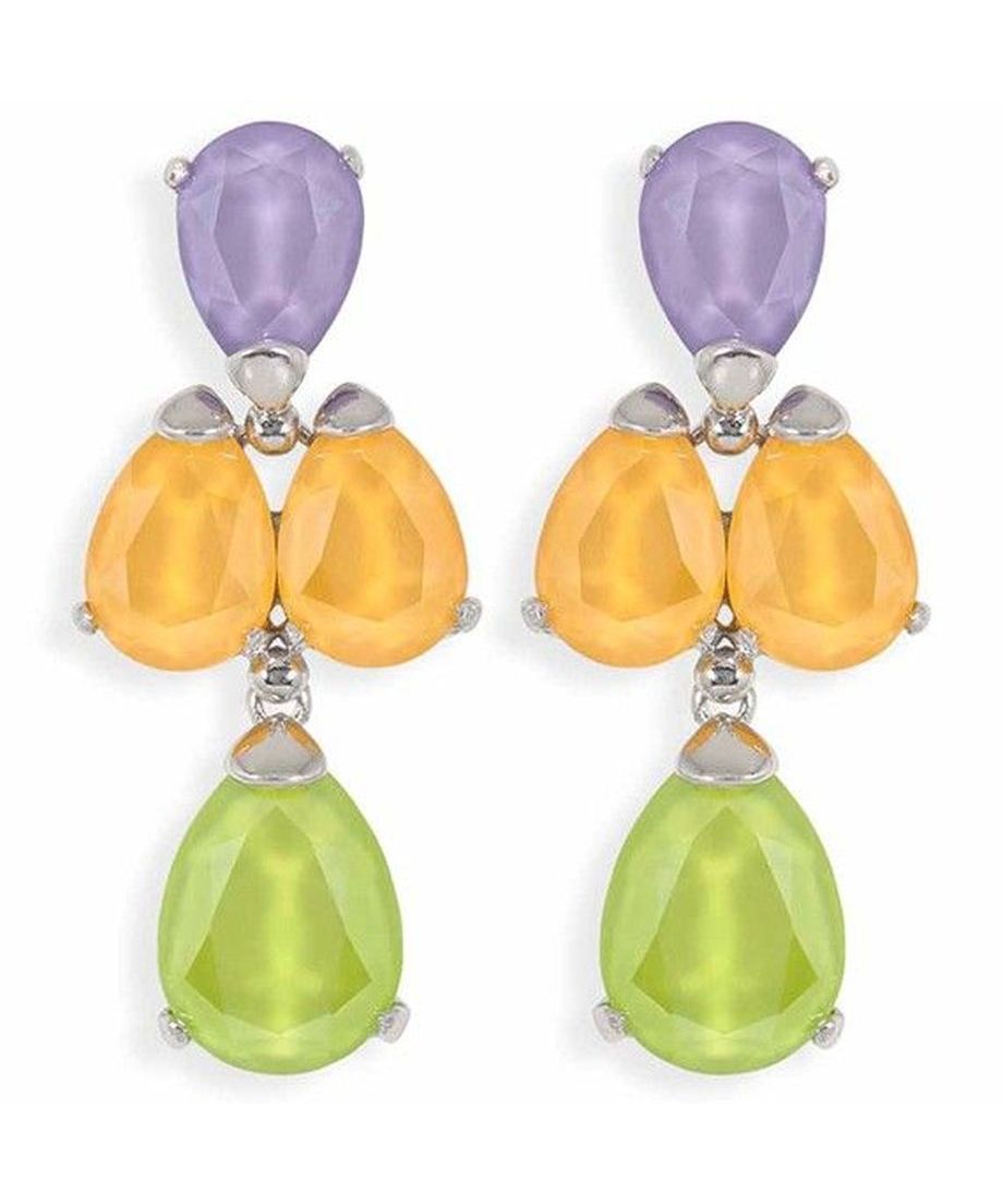 Pendientes con cristales Swarovski lilas, amarillos y verdes de plata de ley rodinada y cierres omega. Fabricado en España de manera artesanal. Pendientes con cristales Swarovski lilas, amarillos y verdes de plata de ley rodinada y cierres omega.