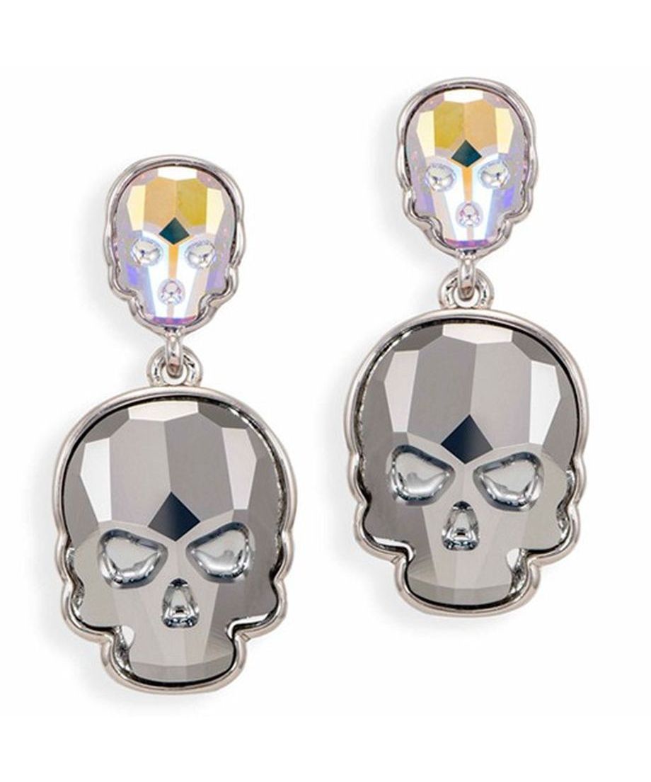 Pendientes articulados de calaveras Swarovski grises con un baño de rodio y cierres de presión. Fabricados de manera artesanal con una base de plata de primera ley. Pendientes articulados de calaveras Swarovski grises con un baño de rodio y cierres de presión