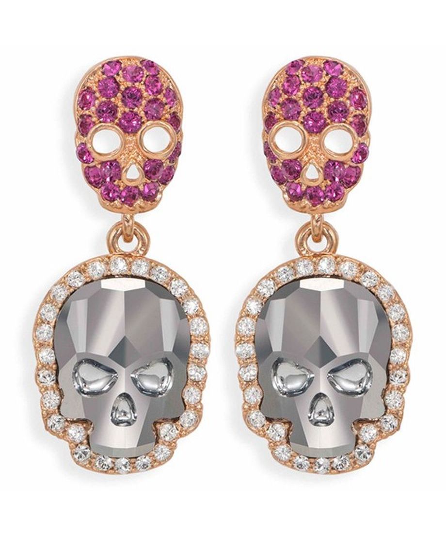 Pendientes articulados de calaveras fucsias y grises de plata de primera le con un baño de oro y cierres de tipo omega. Pendientes articulados de calaveras fucsias y grises de plata de primera le con un baño de oro.