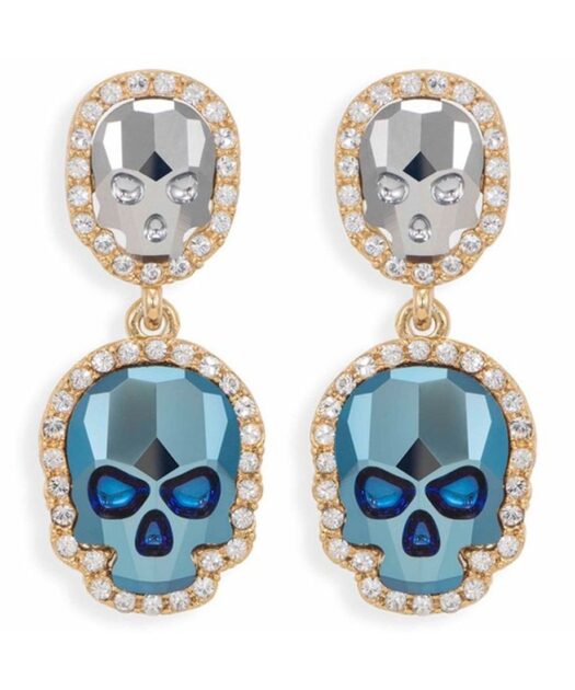 Pendientes articulados de calaveras grises y azules con un baño de oro amarillo