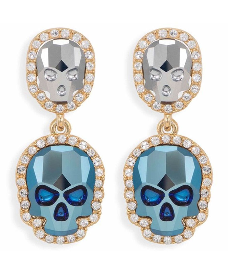 Pendientes articulados de calaveras grises y azules con un baño de oro amarillo. Fabricados en plata de ley con cierres de tipo omega Pendientes articulados de calaveras grises y azules con un baño de oro amarillo