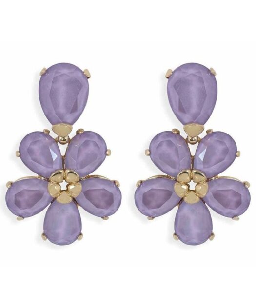 Pendientes flor lila de cinco pétalos articulados en plata de ley rodinada.