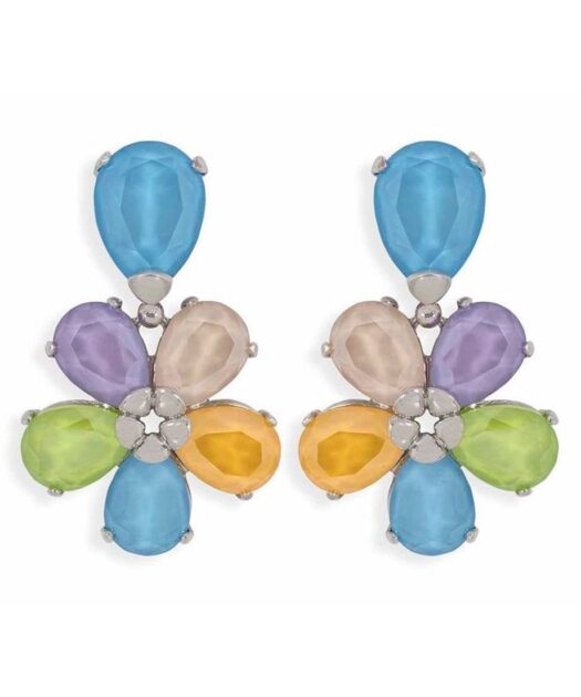 Pendientes articulados multicolor en forma de flor de plata de ley con un baño de rodio.