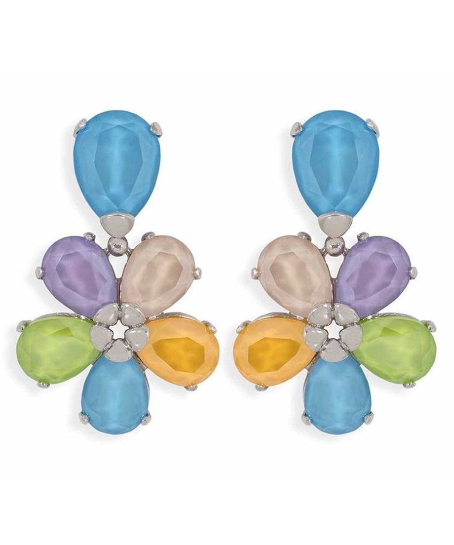 Pendientes articulados multicolor en forma de flor de plata de ley con un baño de rodio. Hechos en España. Pendientes articulados multicolor en forma de flor de plata de ley con un baño de rodio.
