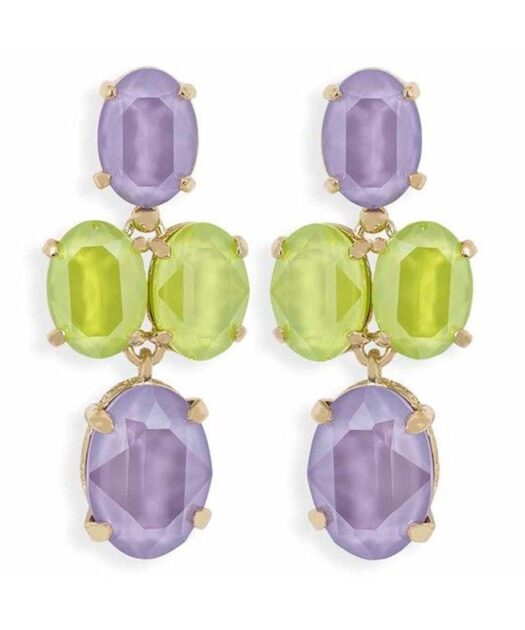 Pendientes articulados verdes y lilas con cuatro cristales Swarovski. Fabricados en plata de ley con un baño de oro rosa.