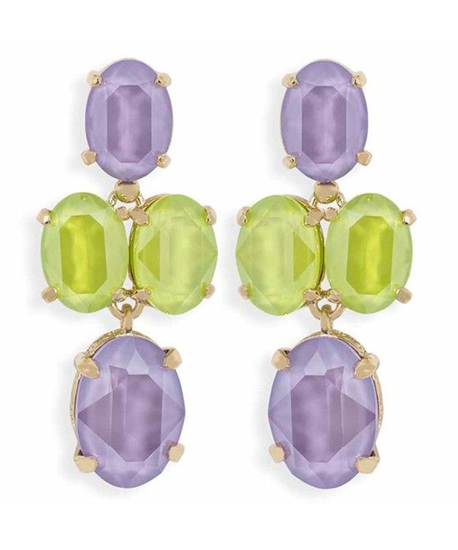 Pendientes articulados verdes y lilas con cuatro cristales Swarovski. Fabricados en plata de ley con un baño de oro rosa. Pendientes articulados verdes y lilas con cuatro cristales Swarovski. Fabricados en plata de ley con un baño de oro rosa.