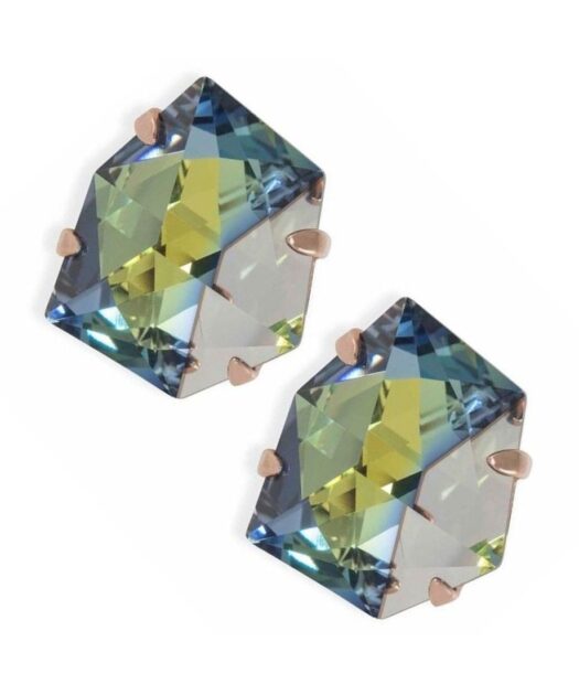 Pendientes ciclón con un baño de oro rosa y cristales grises de plata de primera ley.