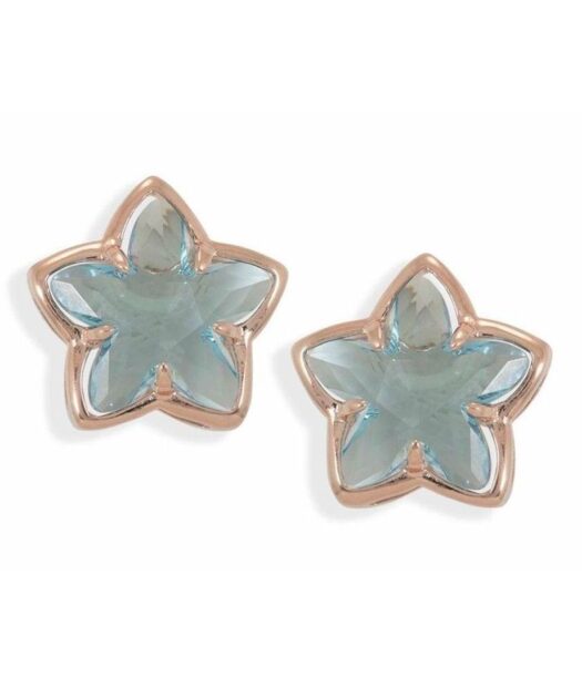 Pendientes cortos oro rosa con estrella Swarovski azul de plata de primera ley.