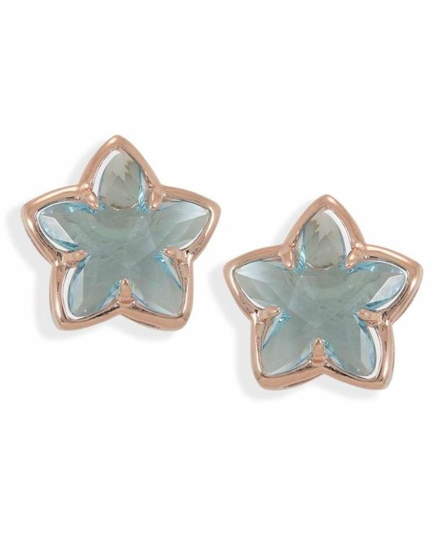 Pendientes cortos oro rosa con estrella Swarovski azul de plata de primera ley. Fabricados en España. Pendientes cortos oro rosa con estrella Swarovski azul de plata de primera ley.