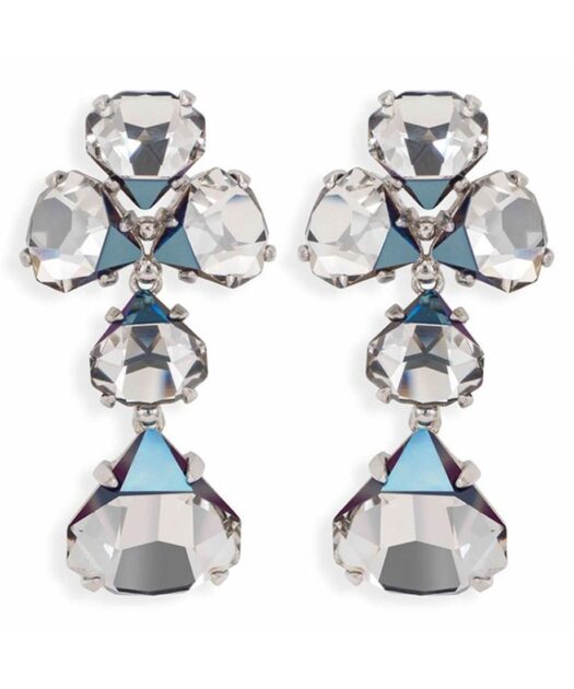 Pendientes largos ciclón con cristales Swarovski de color gris hechos en plata de ley con un baño de rodio.