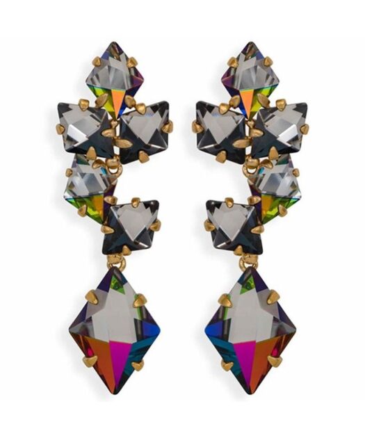 Pendientes largos ciclón con cristales Swarovski negros de plata de ley con un baño de oro amarillo.