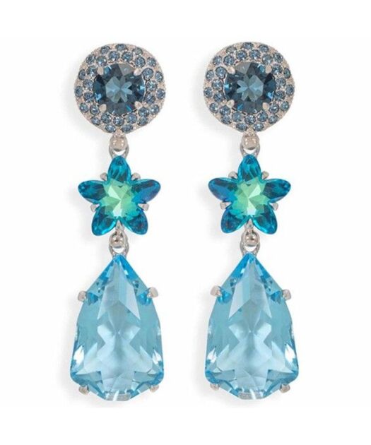 Pendientes largos con una estrella Swarovski en tonos azules de plata de primera ley con un baño de rodio.