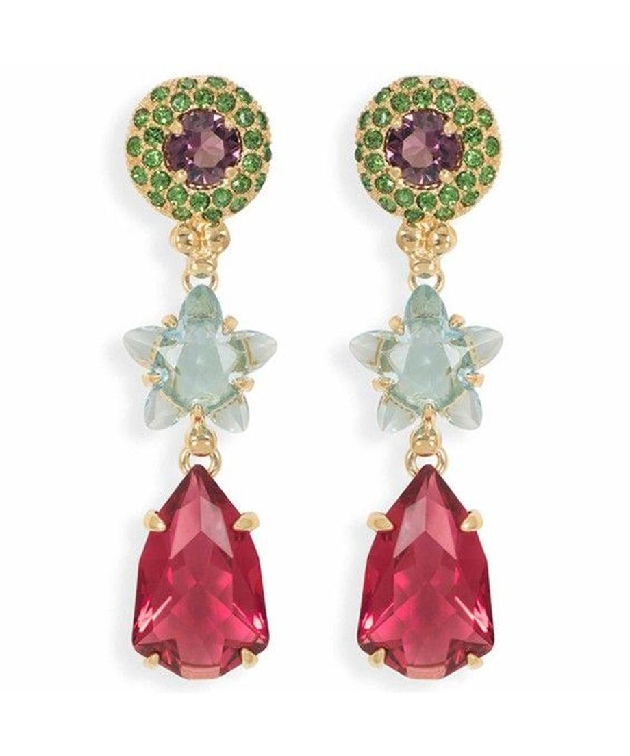Pendientes azules, verdes y carmesí con una estrella de plata de ley bañados en oro amarillo. Pendientes azules, verdes y carmesí con una estrella