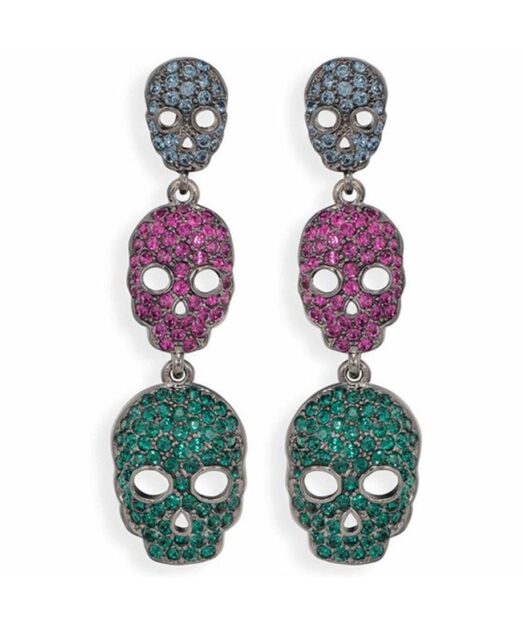Pendientes largos de calaveras fucsias, azules y verdes con cristales Swarovski