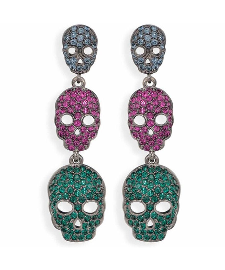 Pendientes largos de calaveras fucsias, azules y verdes con cristales Swarovski, fabricados en plata de ley Pendientes largos de calaveras fucsias, azules y verdes con cristales Swarovski