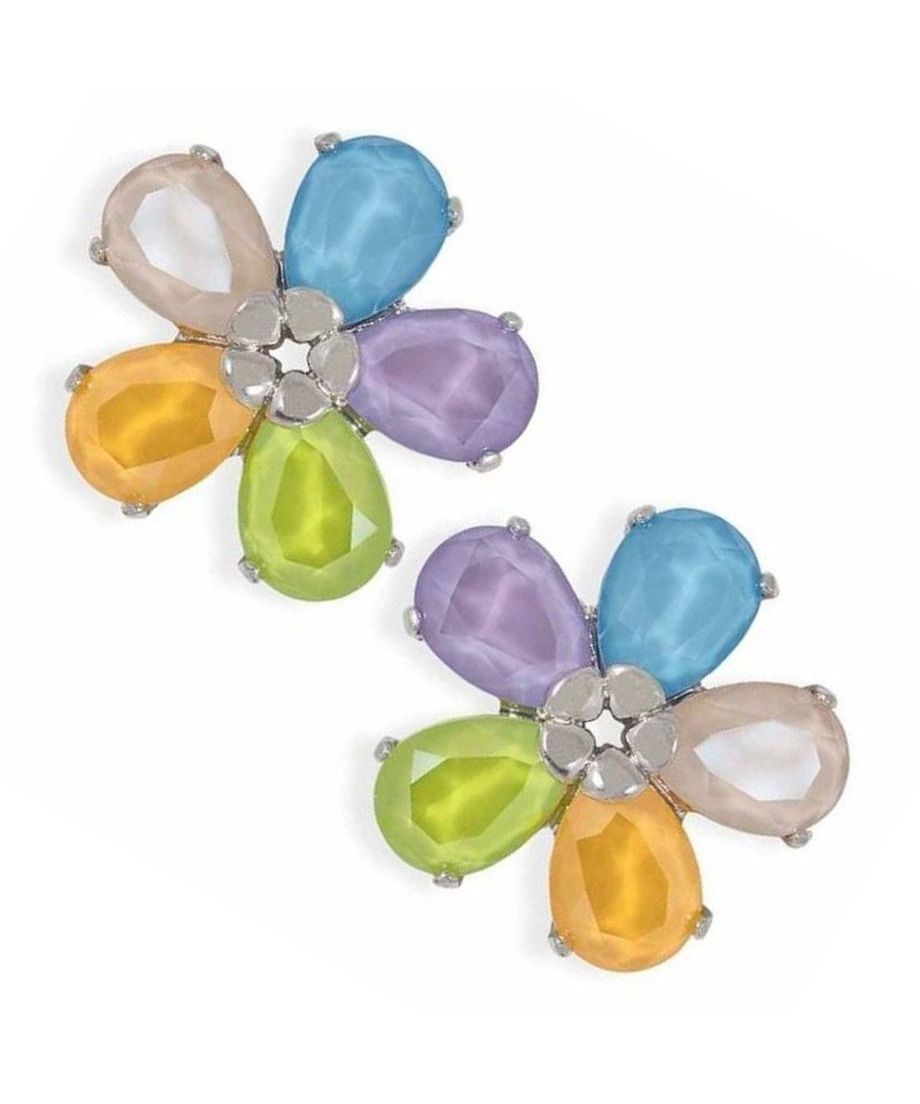 Pendientes en forma de flor de cinco colores con cristales Swarovski. Fabricados en plata de ley rodinada. Pendientes en forma de flor de cinco colores con cristales Swarovski. Fabricados en plata de ley rodinada.