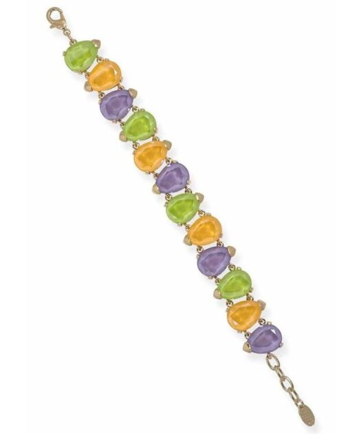 Pulsera con cristales Swarovski amarillos, verdes y lilas de plata de ley con baño de oro rosa y cierre de mosquetón.