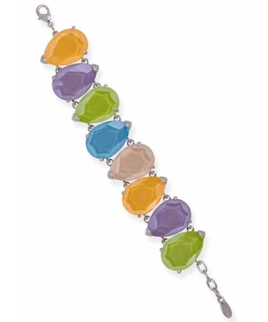 Pulsera con cristales amarillos, lilas, verdes, azules y marrones de plata de ley rodinada con cierre de mosquetón.