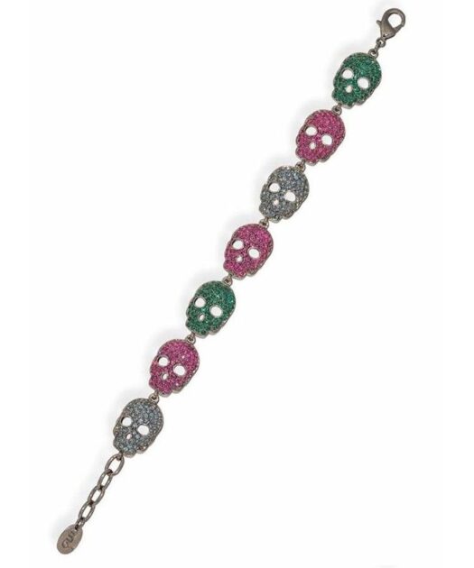 Pulsera de calaveras de plata con Swarovski Elements fucsias, verdes y azules. Hecha en España de manera artesanal.