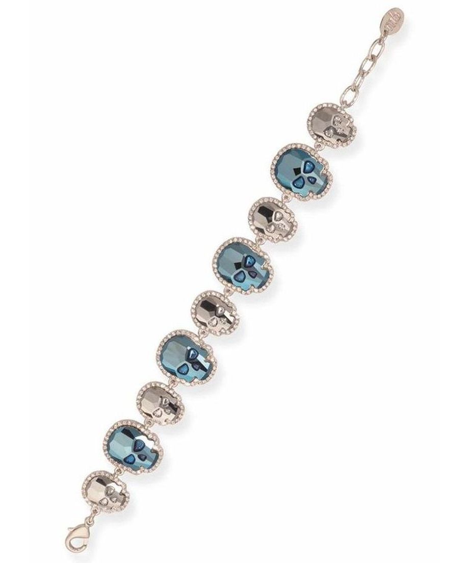 Pulsera de plata con calaveras grises y azules bañada en rodio y fabricada en plata de ley. Hecha en España de manera artesanal. Pulsera de plata con calaveras grises y azules bañada en rodio y fabricada en plata de ley.
